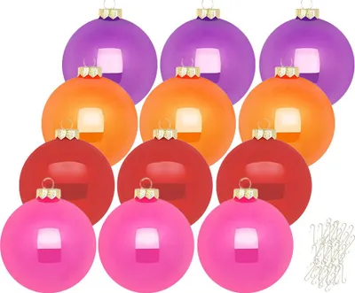 A collection of colorful Christmas ornaments arranged in rows.