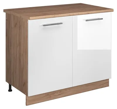 Image de Meuble bas sous-évier Vicco Fame-Line Blanc Haute brillance/Chêne de force doré 100cm, PT Chêne, Model 61975