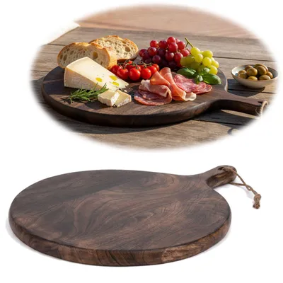 Produktbild von LS-LebenStil Holz Servierbrett Pizzabrett | Delhi | 40cm Griff Rund Massiv Vesperbrett Tranchierbrett Küchenbrett Käsebrett Wurstbrett Serviertablett