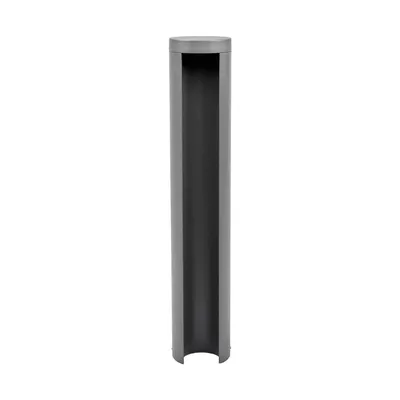 A single, dark gray, cylindrical outdoor light fixture with a cut-out section is shown against a white background.