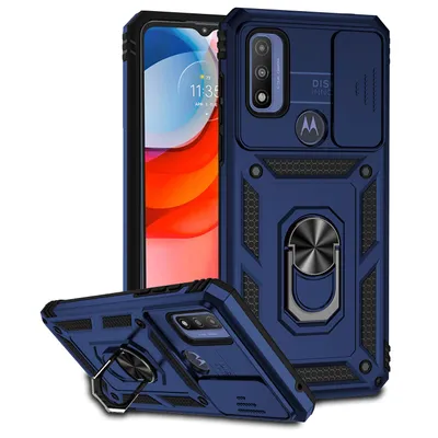 Immagine prodotto di Custodia per Motorola G Pure a doppio strato con copertura scorrevole della fotocamera e supporto ad anello blu