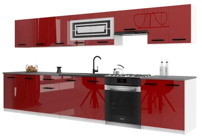 Image de Belini - Coin cuisine moderne ITALIA 3 - Meubles de cuisine 320 cm, rouge - Cuisine équipée avec éléments hauts, éléments bas et plans de travail