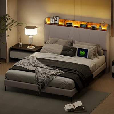 Produktbild von CDGlobal Polsterbett 140x200cm, Metallbett Stauraumbett, mit USB-Typ-C-Ladeanschluss, LED Doppelbett mit Bettrahmen, Leinen