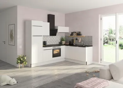 Obrázek produktu pro Rohová kuchyňská linka Optifit se spotřebiči Arvid986 270 cm barva čela leskle bílá barva korpusu bílá v nesmontovaném stavu