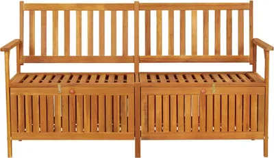 A wooden storage bench with a slatted back and seat, and slatted doors on the front.