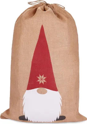 A burlap sack with a gnome design.