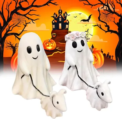 Obrázek produktu pro Halloweenská socha chodícího psa ducha Duch chodící se svým psem duchem Halloweenské sochy psa ducha Strašidelný pes ducha