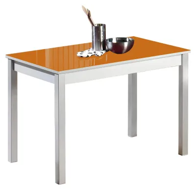 Esstisch mit Glasplatte orange, Metallgestell, 90 x 50 cm