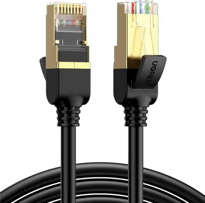 Two network cable connectors with gold-plated ends and black shielding, against a white background.