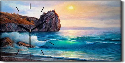 Produktbild von Wandkunst Leinwand Bild Uhr Geräuschlos 60x30 Gemälde Ozean Küste Wasser - schwarze Hände