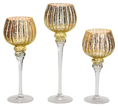 Productafbeelding van Windlichtset kelkvormig, geribbeld, 30/35/40 cm x Ø13 cm, goudkleurig glas, set van 3