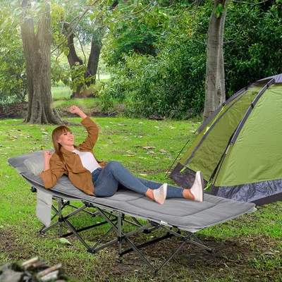 Produktbild von Odikalo Campingliege Campingbett Klappbar Feldbett Kopfkissen Tasche Matratze 150kg Grau