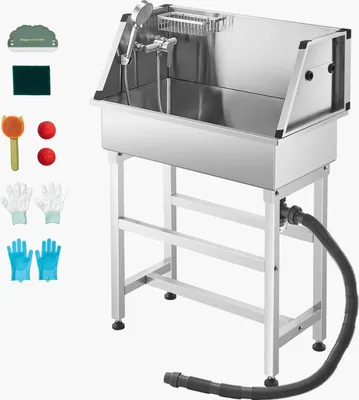 Immagine prodotto di Stazione di lavaggio per cani SucceBuy in acciaio inossidabile, 870x490x1225 mm: vasca per la toelettatura degli animali con rubinetto, soffione, portasapone e palline, vasca da bagno per animali domestici adatta a più animali, lavabo per uso domestico