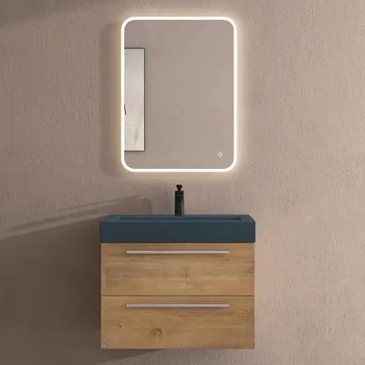 Image de doporro Meuble de Salle de Bains Marron Claire Ensemble de 3 Pièces Meuble Suspendu avec Lavabo 73 cm et Miroir LED Design Quadratto