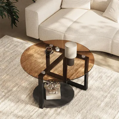 Image de WISFOR Table basse avec étagères, table de salon en verre et métal, 80 x 46,5 cm