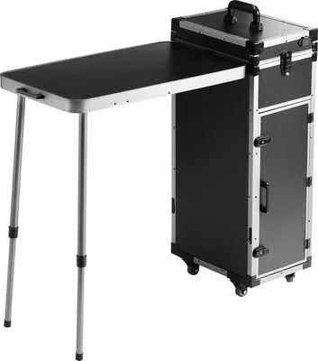 Zdjęcie produktu dla SucceBuy Profesjonalna kosmetyczka, bardzo duża aluminiowa kosmetyczka z podpórkami, podróżny organizer do makijażu na kółkach obrotowych 360°, czarna