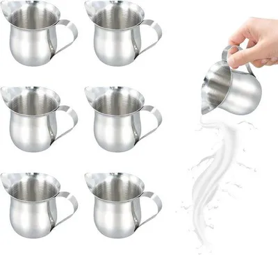Productafbeelding van Set van 6 roestvrijstalen melkkannetjes - 90 ml - Melkkannetjes voor koffie en thee - Melkkannetjes met brede opening