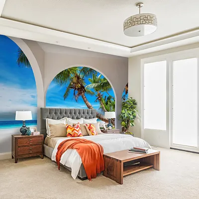Produktbild von Fototapete Ausblick Meer Strand Palmen M6812 – selbstklebende Strukturtapete 260g / 400x280cm
