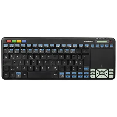A black wireless keyboard with a touchpad and navigation keys is shown from a top-down perspective against a white background.