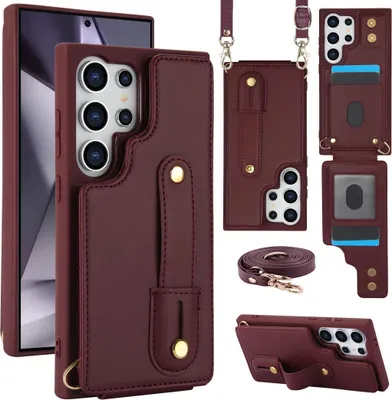 Image de Étui à rabat pour Samsung Galaxy S26 Ultra, en similicuir, à bandoulière, couleur bordeaux