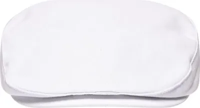 A white flat cap is shown from the front on a white background.