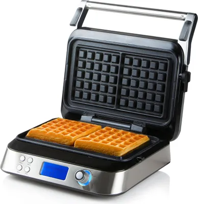 A waffle maker with two waffles inside, against a white background.