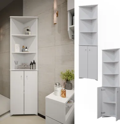 A collage of a white corner cabinet with shelves and doors, shown in different angles and contexts.