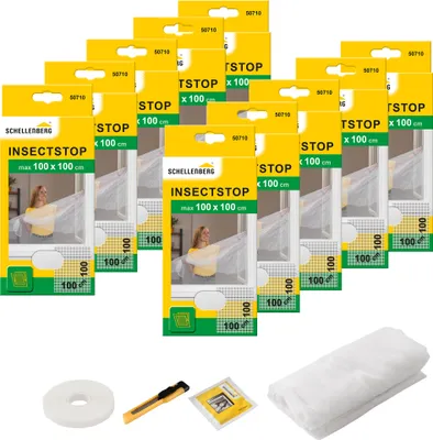 Produktbild von Schellenberg 10er Pack 50710 Fliegengitter für Fenster, Insektenschutz ohne bohren, zuverlässiger Schutz gegen Mücken, Fliegen und Insekten mit Befestigungsband, 100 x 100 cm, weiß