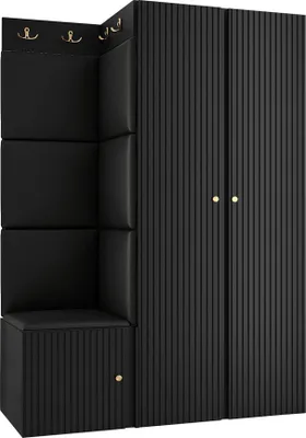 Produktbild von MIRJAN24 Garderoben-Set Orion Ryfel Slim XXIII, Kleiderschrank, Schuhschrank, Kleiderhakenbrett, 7x Paneel 42x42, 8 Kleiderhaken, Metallgriffe (Farbe: Schwarz, Soft 011)