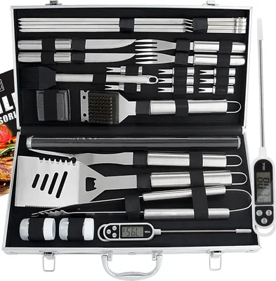 Immagine prodotto di Set di utensili per barbecue - 28 pezzi - Set di posate in acciaio inossidabile con custodia e termometro digitale