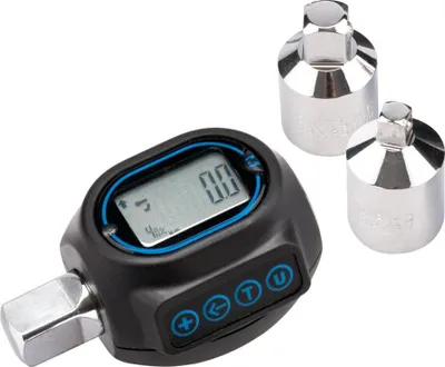 A digital torque adapter with two socket adapters on a white background.
