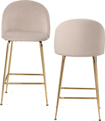 Productafbeelding van WOHNLING Set van 2 barkrukken, beige fluweel, met rugleuning en gouden poten. Keukenstoelen, Scandinavisch design, stof/metaal. Draagvermogen: 110 kg. Barkruk, toonbankkruk