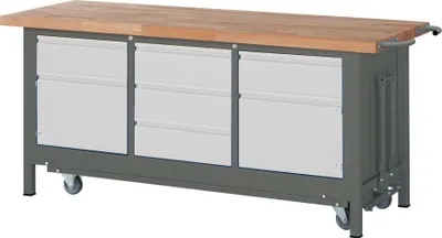 Produktbild von STIER Werkbank Premium mit abs. Fahrgestell, 5 Schubladen und 2 Flügeltüren BxTxH 2000x700x880mm