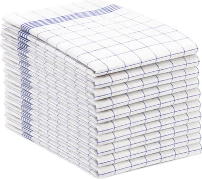 A stack of folded kitchen towels with a blue checkered pattern.
