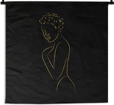 Produktbild von MuchoWow® Wandteppich Wandbehang Frau - Schwarz - Gold - Strichzeichnung 150x150 cm Tapisserie Dekoration Wandtuch - Wohnaccessoires - Modernes