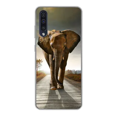 Produktbild von MuchoWow® Handyhülle Schutzhülle Hülle für Samsung Galaxy A30s Elefant - Straße - Tiere - Sonnenuntergang - Landschaft Silikon Softcase Handy Hülle - Karteninhaber