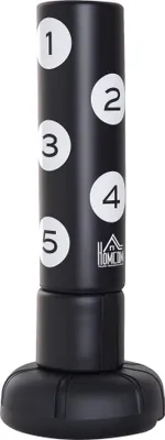 A black freestanding punching bag with numbered targets.