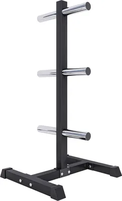 A black weight plate rack with silver bars for holding weight plates, shown against a white background.