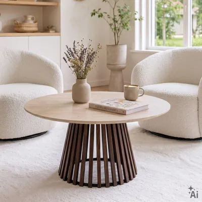 Produktbild von Couchtisch BERGA mit runder Tischplatte aus Keramik 80 cm, Travertin Optik - moderner Wohnzimmertisch, Clubtisch praktischer und eleganter Coffee Table, Beistelltisch Couch