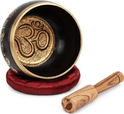 Produktbild von Ø 11,5cm Tibetische Klangschalen Set Lotus Klangstab echt Holz Schwarz Gold 2575