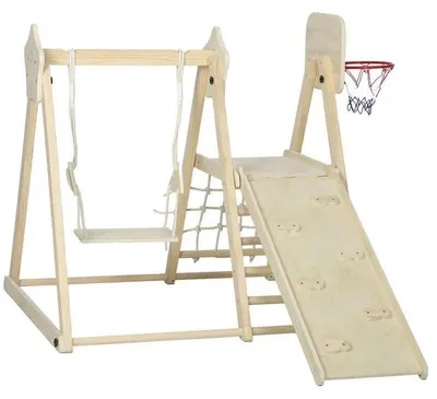 Image de Structure d'escalade intérieure 5 en 1 pour enfants - Tour de jeu avec toboggan, balançoire, filet d'escalade, panier de basket, pliable - Bois naturel, pour les enfants de 3 à 6 ans