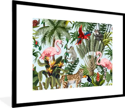 Produktbild von MuchoWow® Gerahmtes Poster Dschungel - Tiere - Mädchen - Kinder - Jungen - Flamingo - Papagei 80x60 cm - Poster mit Schwarzem Bilderrahmen Wandposter Rahmen Foto Bilder - Schlafzimmer-Dekorationen - Fotoposter
