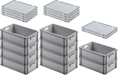 Produktbild von SuperSparSet 10x Eurobehälter mit offenem Griff und Scharnierdeckel | HxBxT 17,5x40x60cm | 30 Liter | Grau | Eurobox, Transportbox, Transportbehälter, Stapelbehälter