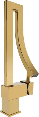 A close-up studio shot of a gold-colored faucet.