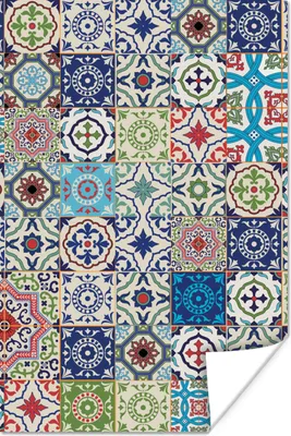 Produktbild von MuchoWow® Poster Blumen - Muster - Grün - Blau 80x120 cm - Papierdruck