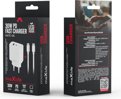 Image de Maxlife chargeur secteur PD QC MXTC-06 1x USB-C 1x USB 30W blanc + câble USB-C - USB-C 60W