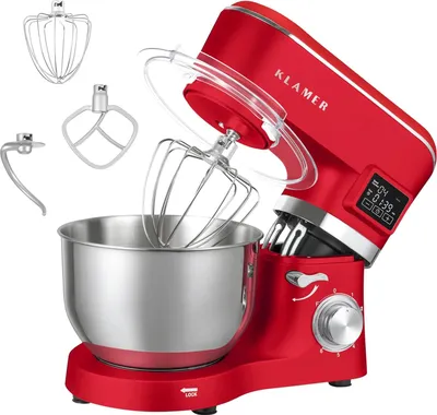 Produktbild von KLAMER Küchenmaschine Classic 1400 W – 5,5 L Rührschüssel aus Edelstahl, Knet-, Rühr- & Schneebesenaufsatz, Timer & LED-Display, stabile Saugnapffüße, ideal für Brot-, Kuchen- & Pizzateig