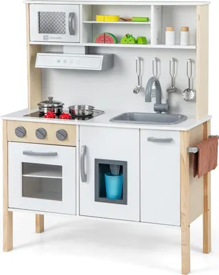 Produktbild von Kinderküche Holz mit Zubehör, Miniküche mit Mikrowelle Dunstabzugshaube Herd Spüle Backofen, Kinderspielküche Holzküche, Spielküche für Jungen und Mädchen ab 3 Jahren Weiß