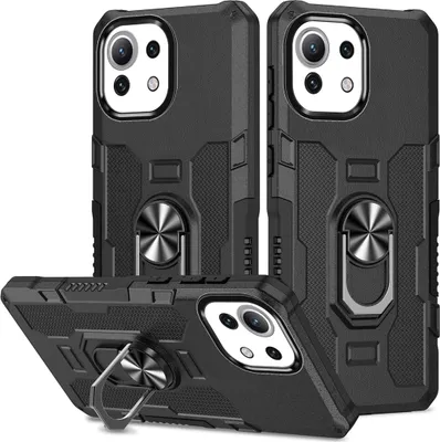 Produktbild von Xiaomi Mi 11 Lite Hülle, Dual Layer Robuste Rüstung Ringhalter Ständer Schutzhülle für Xiaomi Mi 11 Lite Schwarz