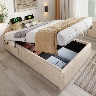 Image de Sweiko Lit rembourré Lit simple 90×200 cm, Cadre de lit avec USB- C et sommier à lattes sur toute la surface, Sans tête de lit, Lin, Naturel,Sans matelas